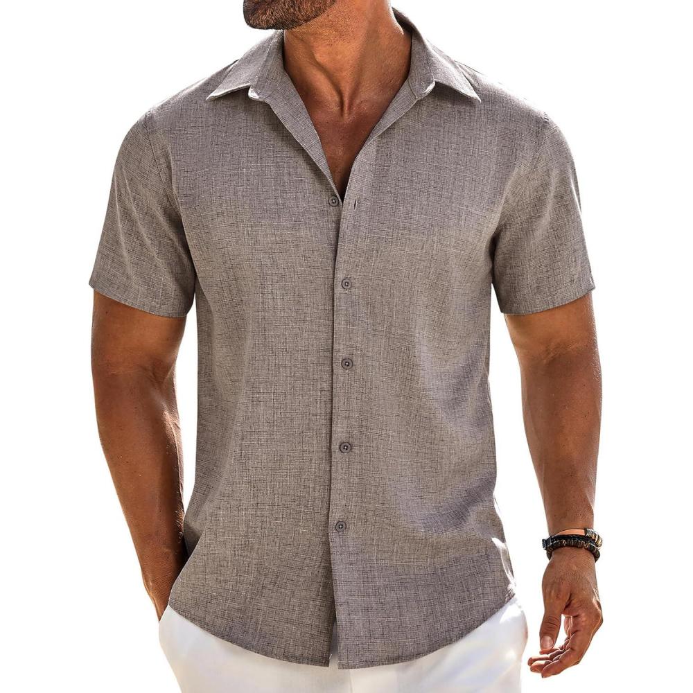 imageCOOFANDY Mens Button Down Short Sleeve Shirt Casual Beach Linen Shirts Wedding Summer Vacation ShirtBrown