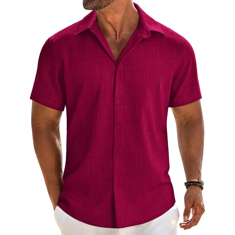 imageCOOFANDY Mens Button Down Short Sleeve Shirt Casual Beach Linen Shirts Wedding Summer Vacation ShirtBurgundy