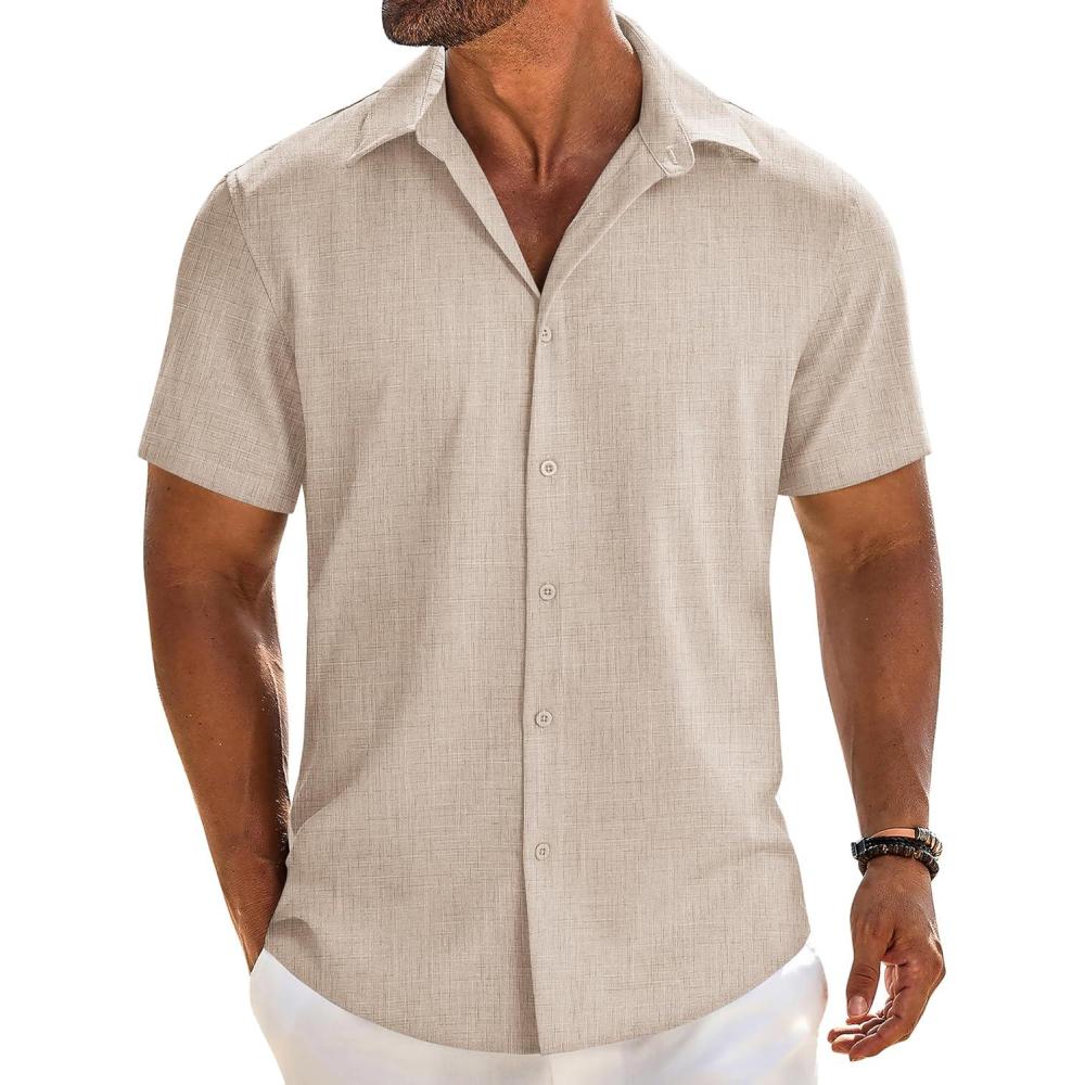 imageCOOFANDY Mens Button Down Short Sleeve Shirt Casual Beach Linen Shirts Wedding Summer Vacation ShirtLight Khaki