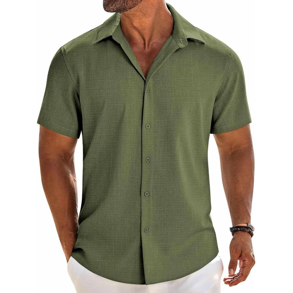 imageCOOFANDY Mens Button Down Short Sleeve Shirt Casual Beach Linen Shirts Wedding Summer Vacation ShirtOlive Green
