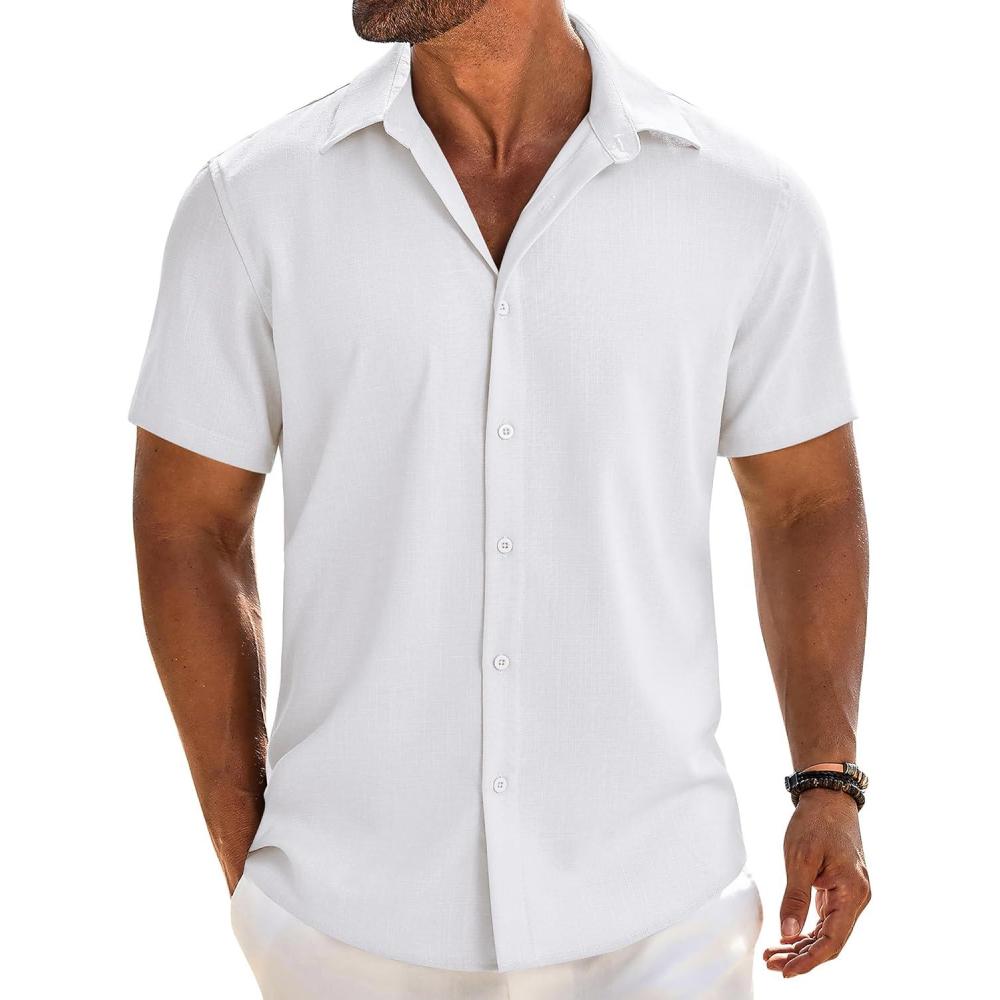 imageCOOFANDY Mens Button Down Short Sleeve Shirt Casual Beach Linen Shirts Wedding Summer Vacation ShirtWhite