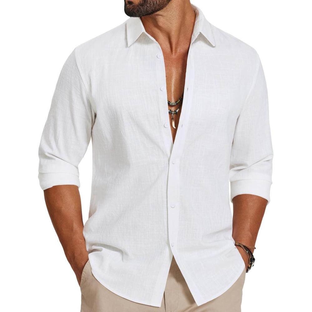 imageCOOFANDY Mens Casual Button Down Shirts Long Sleeve Cotton Beach Wedding Shirt Summer Linen Shirt for MenAll White