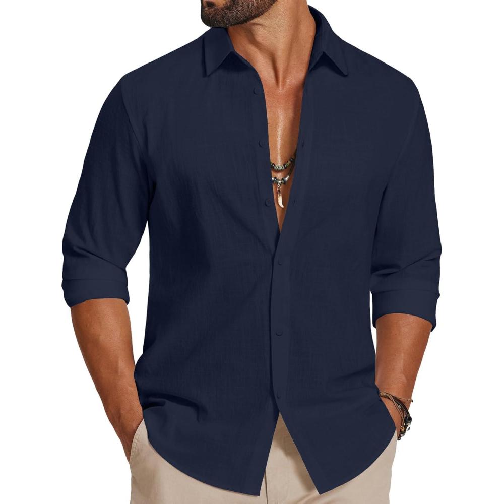 imageCOOFANDY Mens Casual Button Down Shirts Long Sleeve Cotton Beach Wedding Shirt Summer Linen Shirt for MenNavy Blue