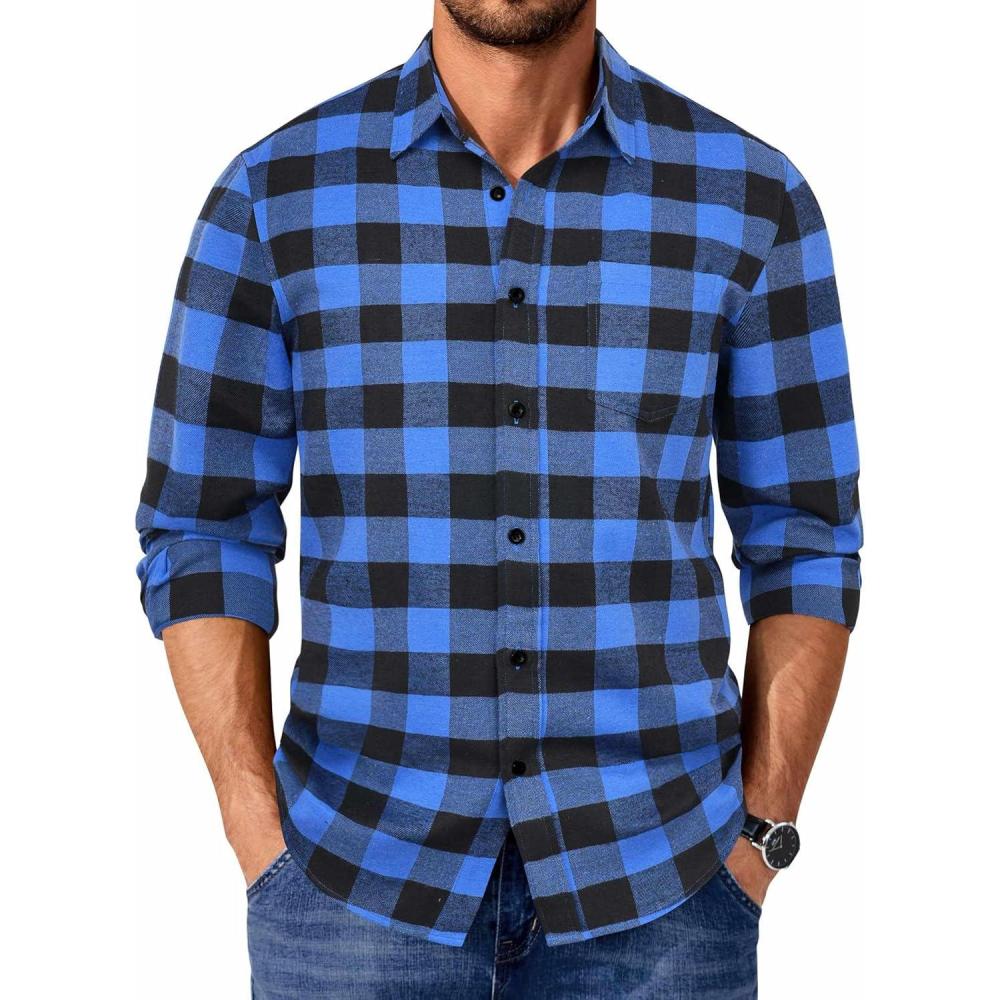 imageCOOFANDY Mens Casual Long Sleeve Button Up Plaid Flannel Shirt Jacket with PocketBuffalo Black Blue