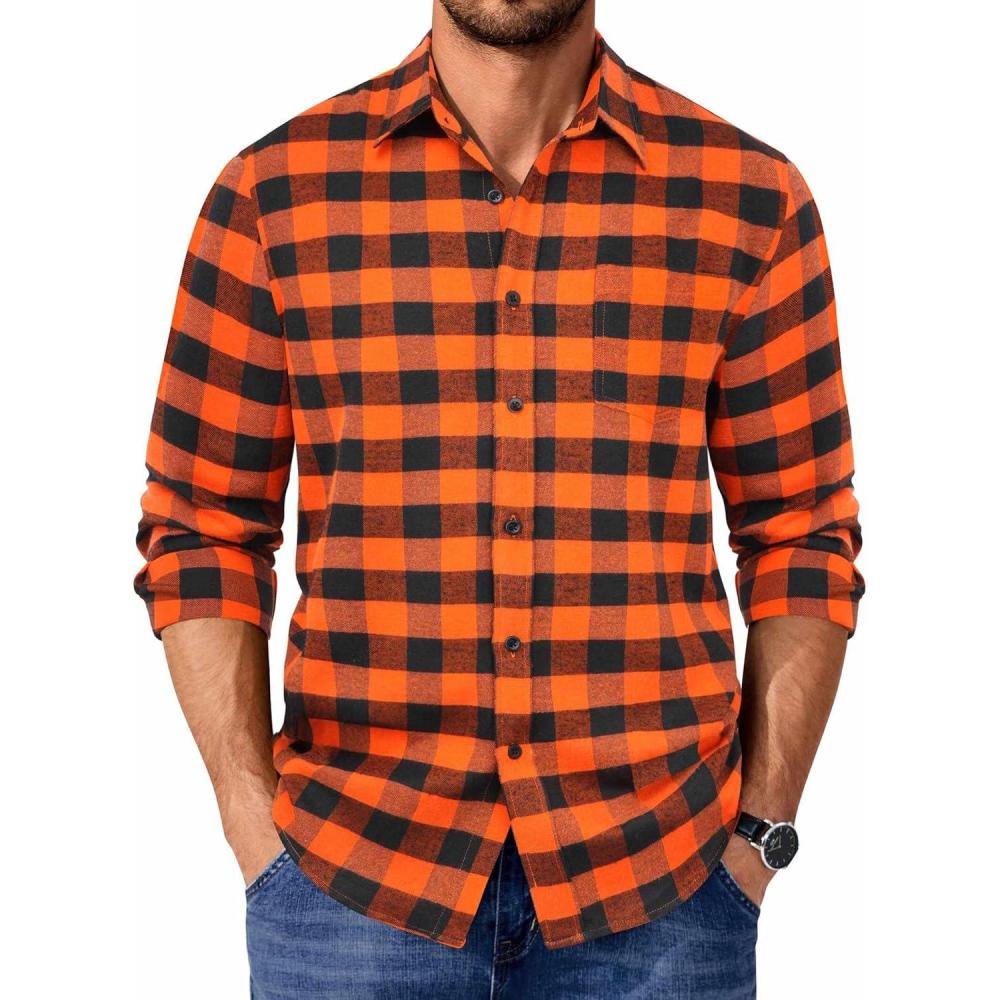 imageCOOFANDY Mens Casual Long Sleeve Button Up Plaid Flannel Shirt Jacket with PocketBuffalo Black Orange