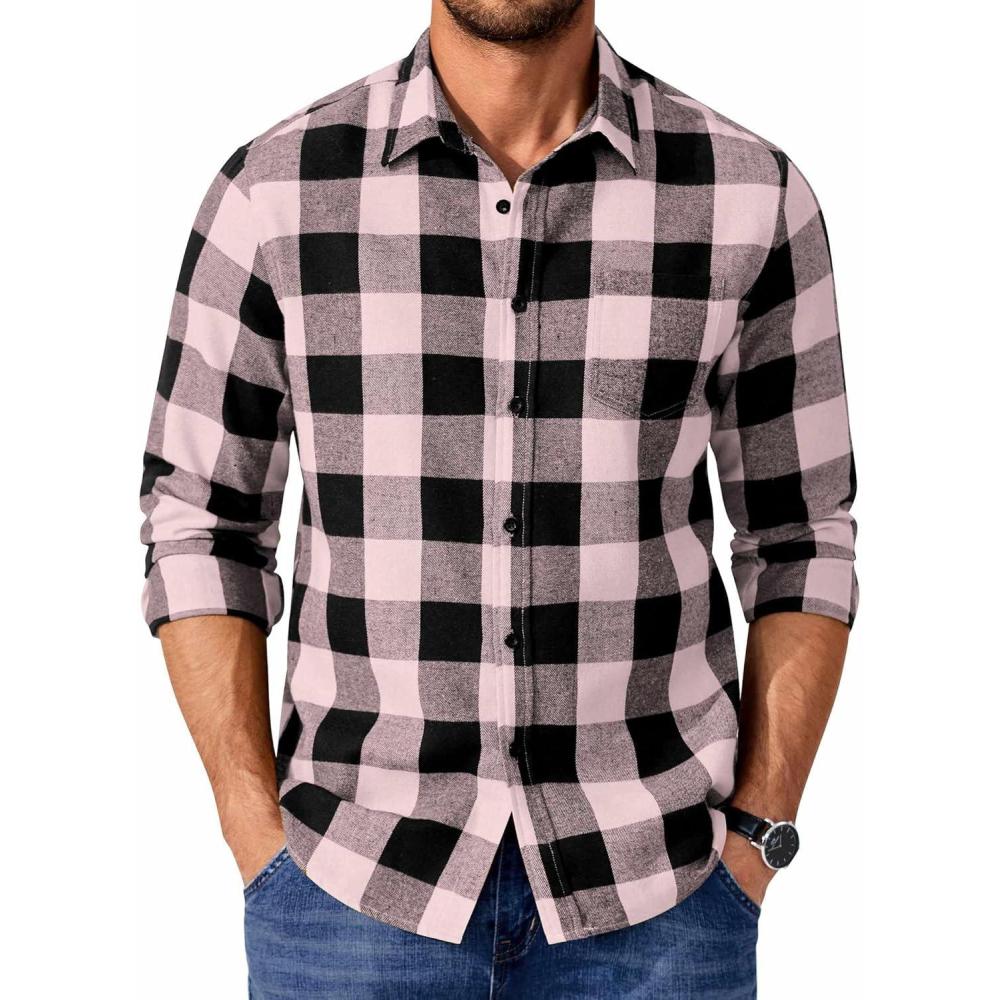 imageCOOFANDY Mens Casual Long Sleeve Button Up Plaid Flannel Shirt Jacket with PocketBuffalo Black Pink