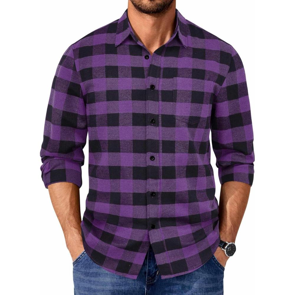 imageCOOFANDY Mens Casual Long Sleeve Button Up Plaid Flannel Shirt Jacket with PocketBuffalo Black Purple