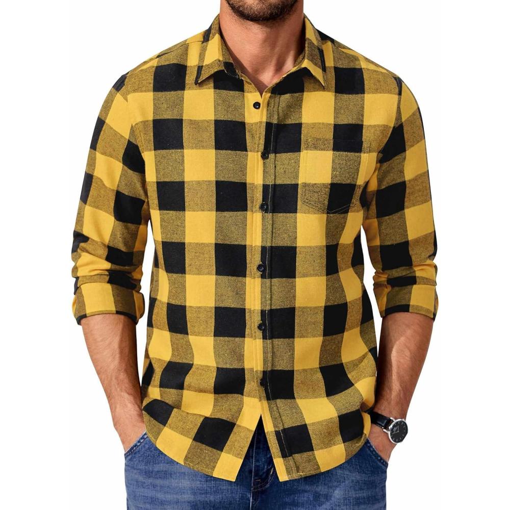 imageCOOFANDY Mens Casual Long Sleeve Button Up Plaid Flannel Shirt Jacket with PocketBuffalo Black Yellow