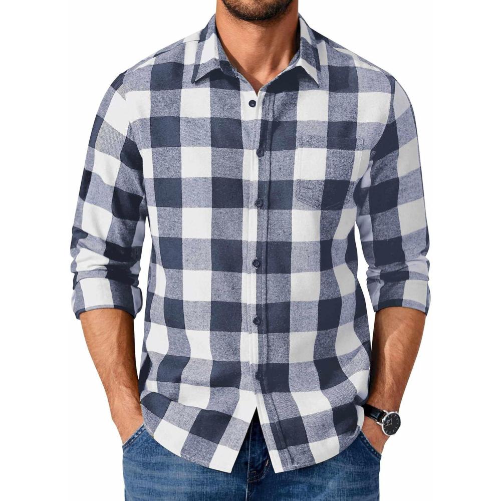 imageCOOFANDY Mens Casual Long Sleeve Button Up Plaid Flannel Shirt Jacket with PocketBuffalo Blue White