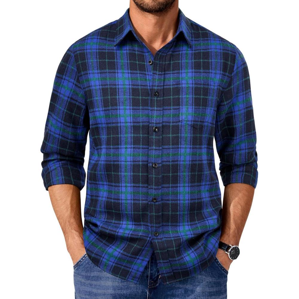 imageCOOFANDY Mens Casual Long Sleeve Button Up Plaid Flannel Shirt Jacket with PocketPlaid Black Blue