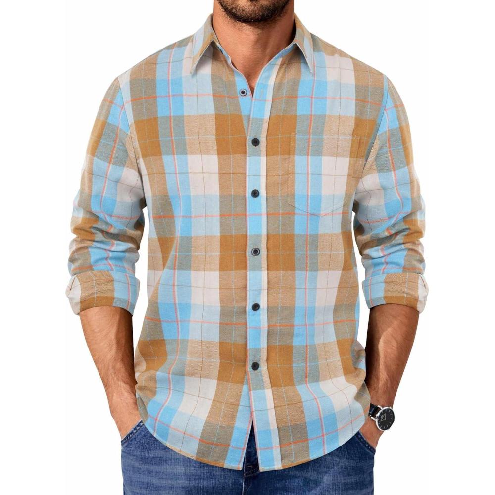 imageCOOFANDY Mens Casual Long Sleeve Button Up Plaid Flannel Shirt Jacket with PocketPlaid Khaki Blue