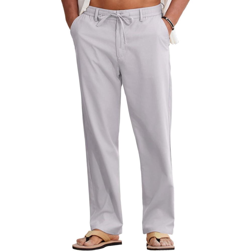 imageCOOFANDY Mens Cotton Linen Pants Casual Drawstring Summer Beach Pants Lightweight Linen Dress TrousersLight Grey