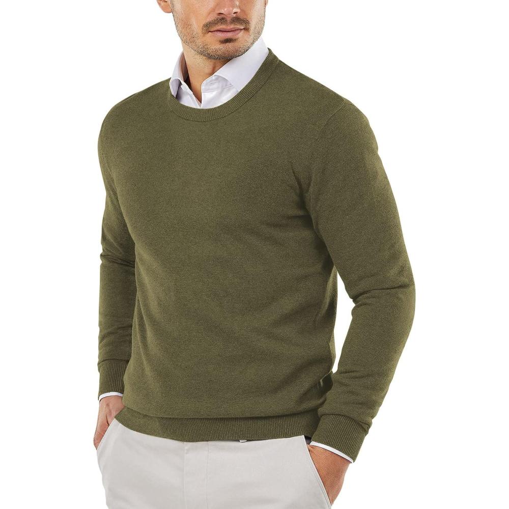 imageCOOFANDY Mens Crewneck Sweaters Long Sleeve Dress Knit Sweater Lightweight Slim Fit Pullover SweatersArmy Green