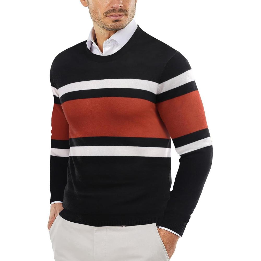 imageCOOFANDY Mens Crewneck Sweaters Long Sleeve Dress Knit Sweater Lightweight Slim Fit Pullover SweatersBlackRust Red