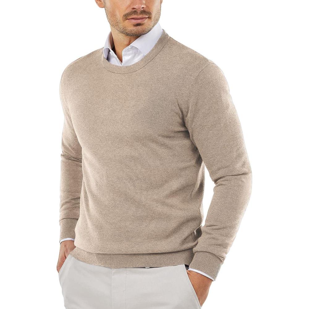 imageCOOFANDY Mens Crewneck Sweaters Long Sleeve Dress Knit Sweater Lightweight Slim Fit Pullover SweatersCamel