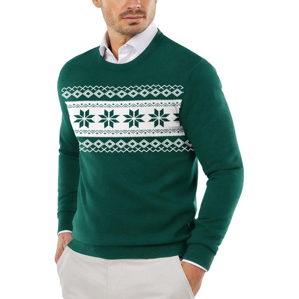 imageCOOFANDY Mens Crewneck Sweaters Long Sleeve Dress Knit Sweater Lightweight Slim Fit Pullover SweatersChristmas Green