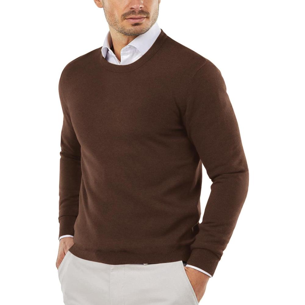 imageCOOFANDY Mens Crewneck Sweaters Long Sleeve Dress Knit Sweater Lightweight Slim Fit Pullover SweatersCoffee