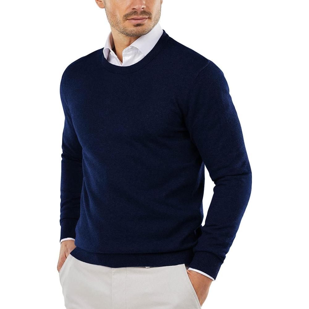 imageCOOFANDY Mens Crewneck Sweaters Long Sleeve Dress Knit Sweater Lightweight Slim Fit Pullover SweatersDark Blue