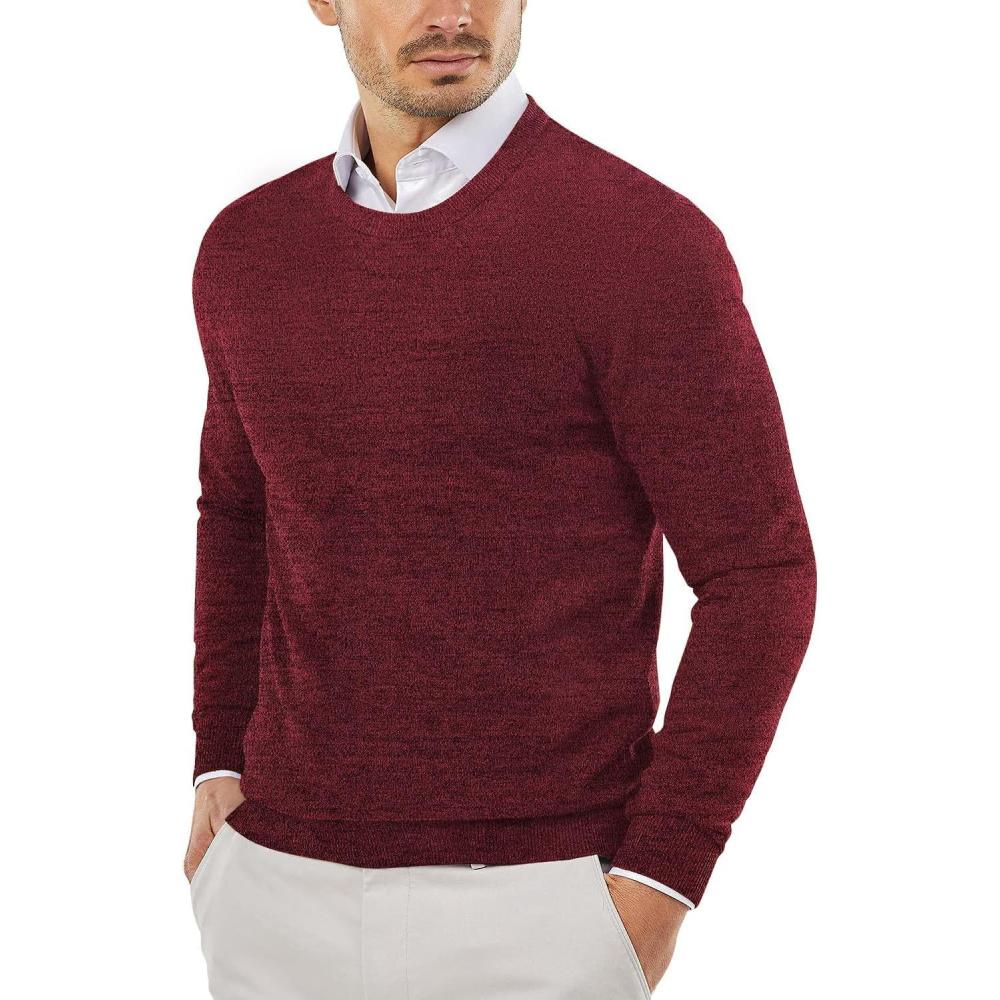 imageCOOFANDY Mens Crewneck Sweaters Long Sleeve Dress Knit Sweater Lightweight Slim Fit Pullover SweatersDark RedBlack Twotone Colors