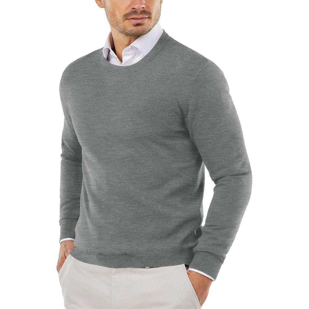 imageCOOFANDY Mens Crewneck Sweaters Long Sleeve Dress Knit Sweater Lightweight Slim Fit Pullover SweatersGrey