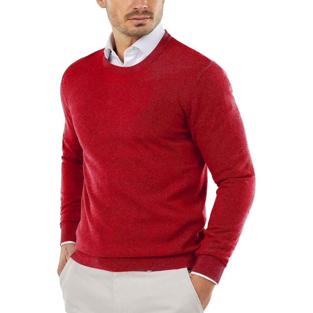 imageCOOFANDY Mens Crewneck Sweaters Long Sleeve Dress Knit Sweater Lightweight Slim Fit Pullover SweatersRed