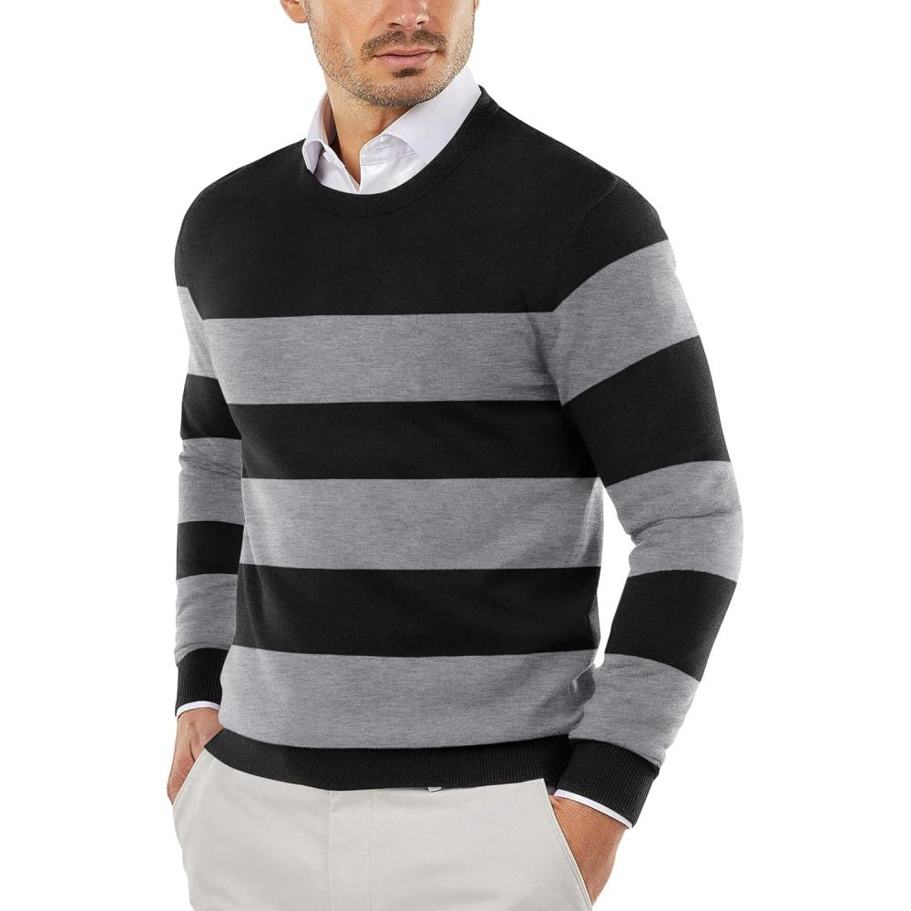 imageCOOFANDY Mens Crewneck Sweaters Long Sleeve Dress Knit Sweater Lightweight Slim Fit Pullover SweatersStripe Light GreyGrey