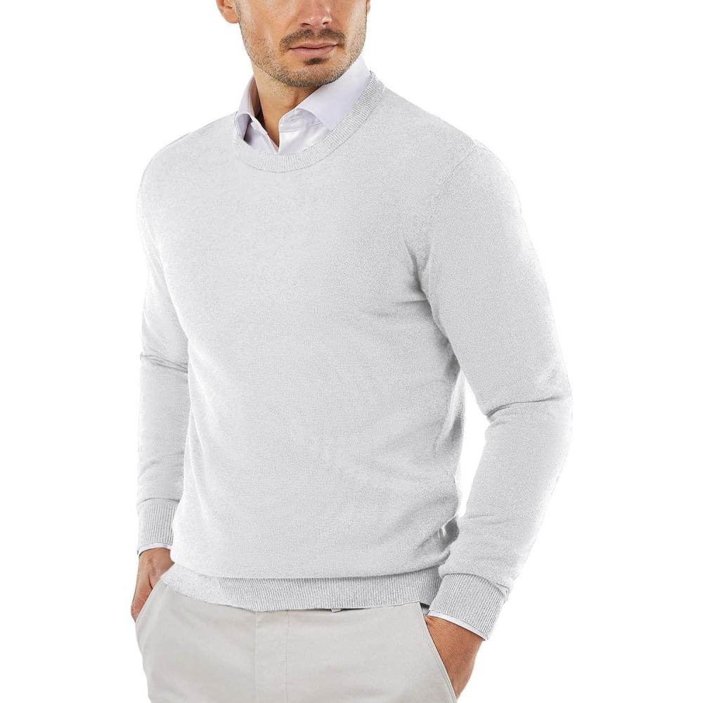 imageCOOFANDY Mens Crewneck Sweaters Long Sleeve Dress Knit Sweater Lightweight Slim Fit Pullover SweatersWhite