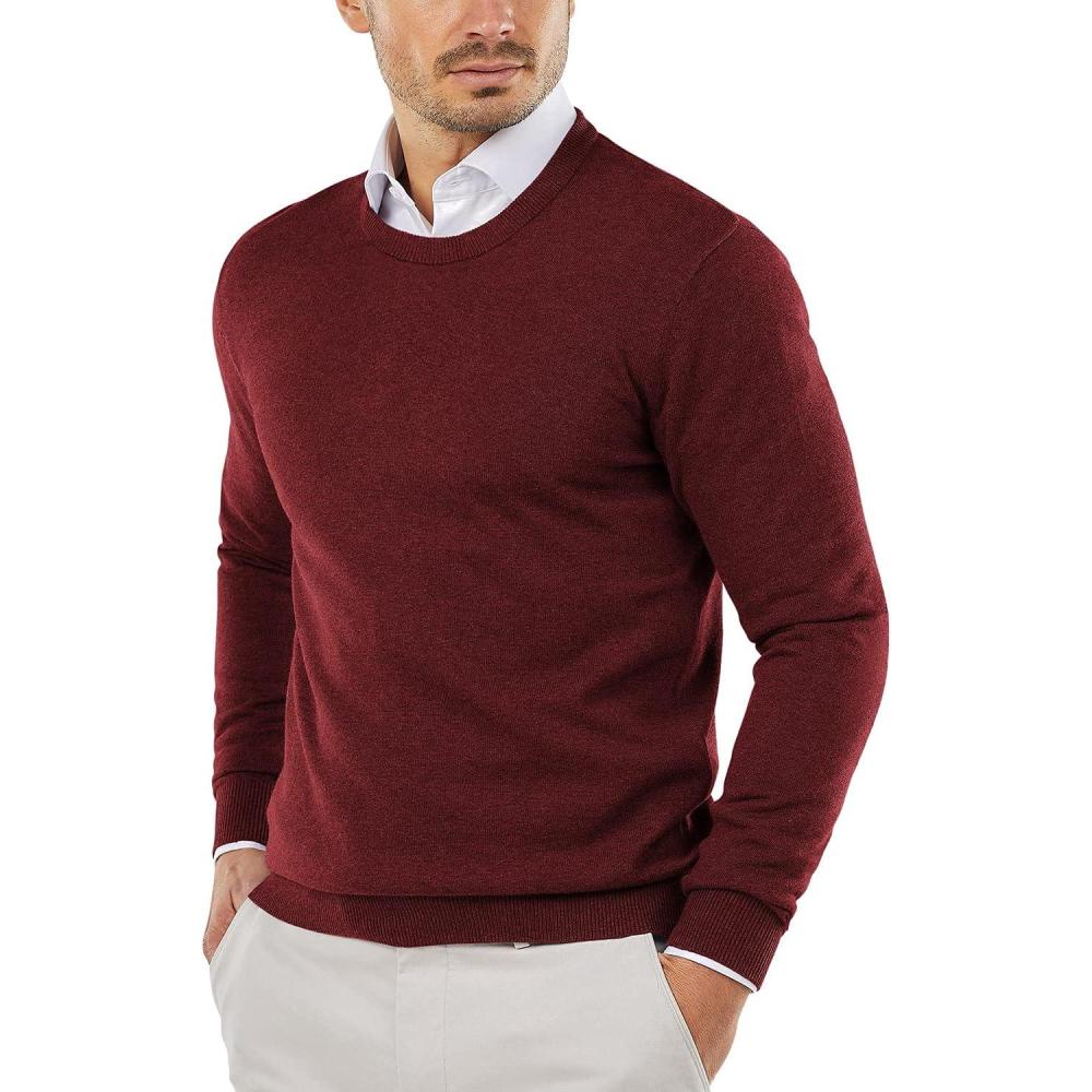 imageCOOFANDY Mens Crewneck Sweaters Long Sleeve Dress Knit Sweater Lightweight Slim Fit Pullover SweatersWine Red