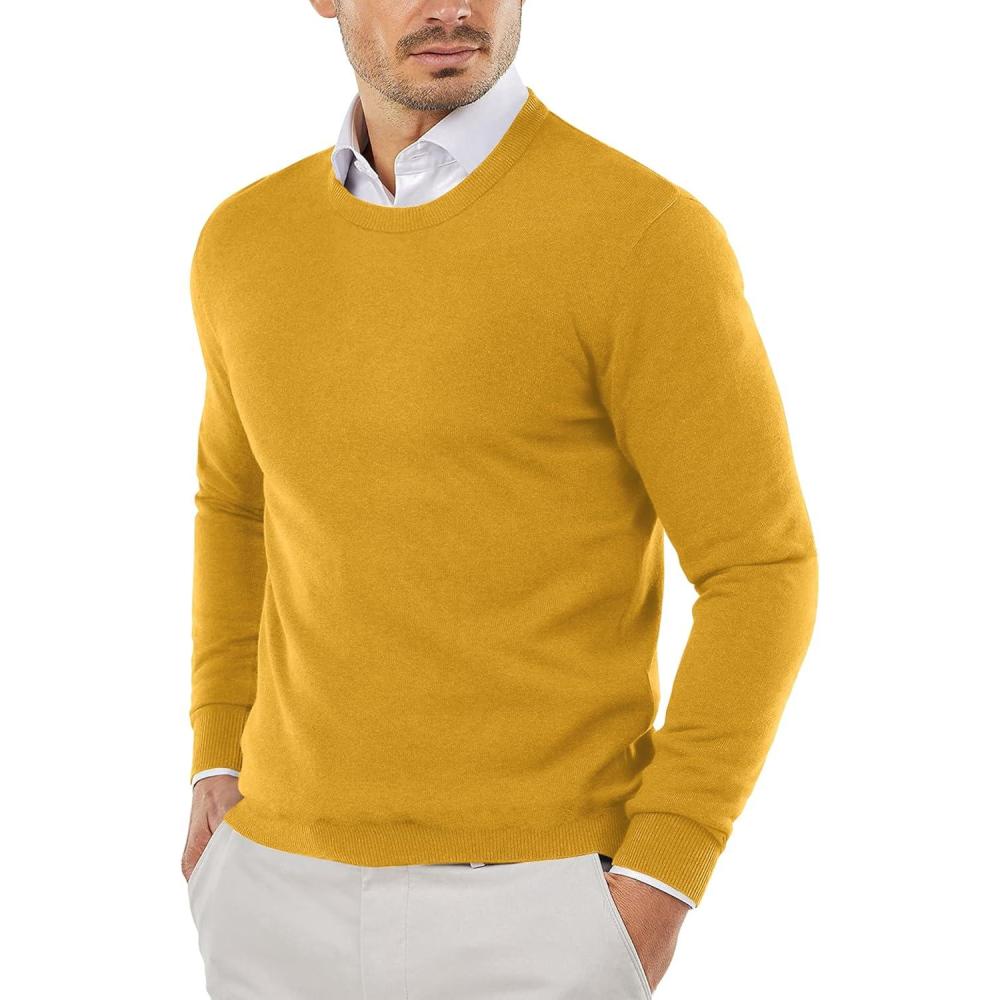 imageCOOFANDY Mens Crewneck Sweaters Long Sleeve Dress Knit Sweater Lightweight Slim Fit Pullover SweatersYellow
