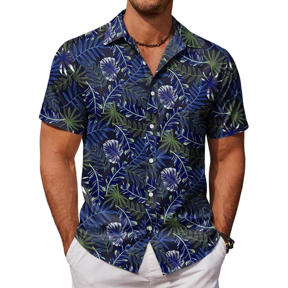 imageCOOFANDY Mens Hawaiian Shirts Short Sleeve Button Down Aloha Shirt Casual Beach ClothesBluegreen Fern Leaves