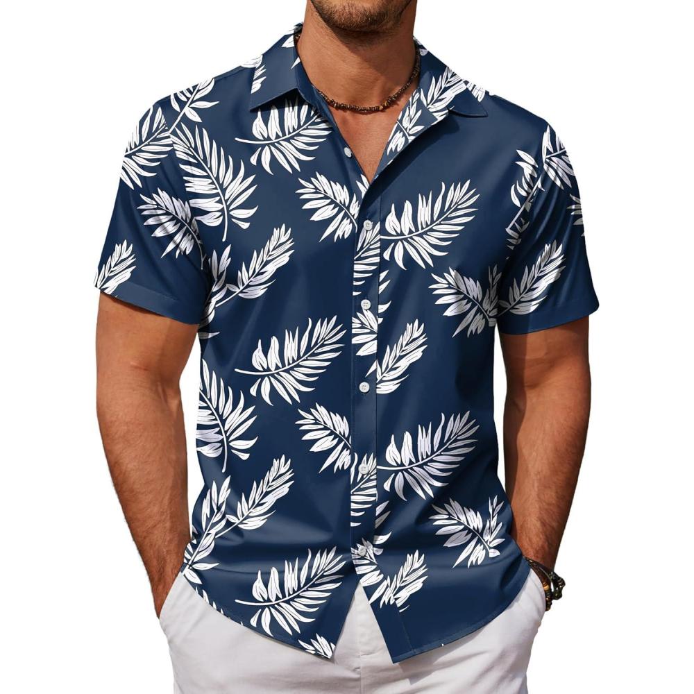 imageCOOFANDY Mens Hawaiian Shirts Short Sleeve Button Down Aloha Shirt Casual Beach ClothesDark Blue Palm Leaves