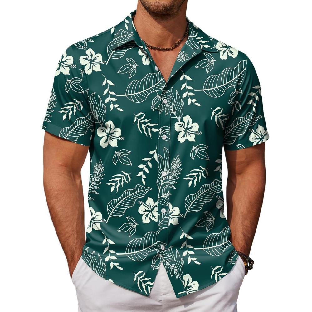 imageCOOFANDY Mens Hawaiian Shirts Short Sleeve Button Down Aloha Shirt Casual Beach ClothesGreen Fern Leaves