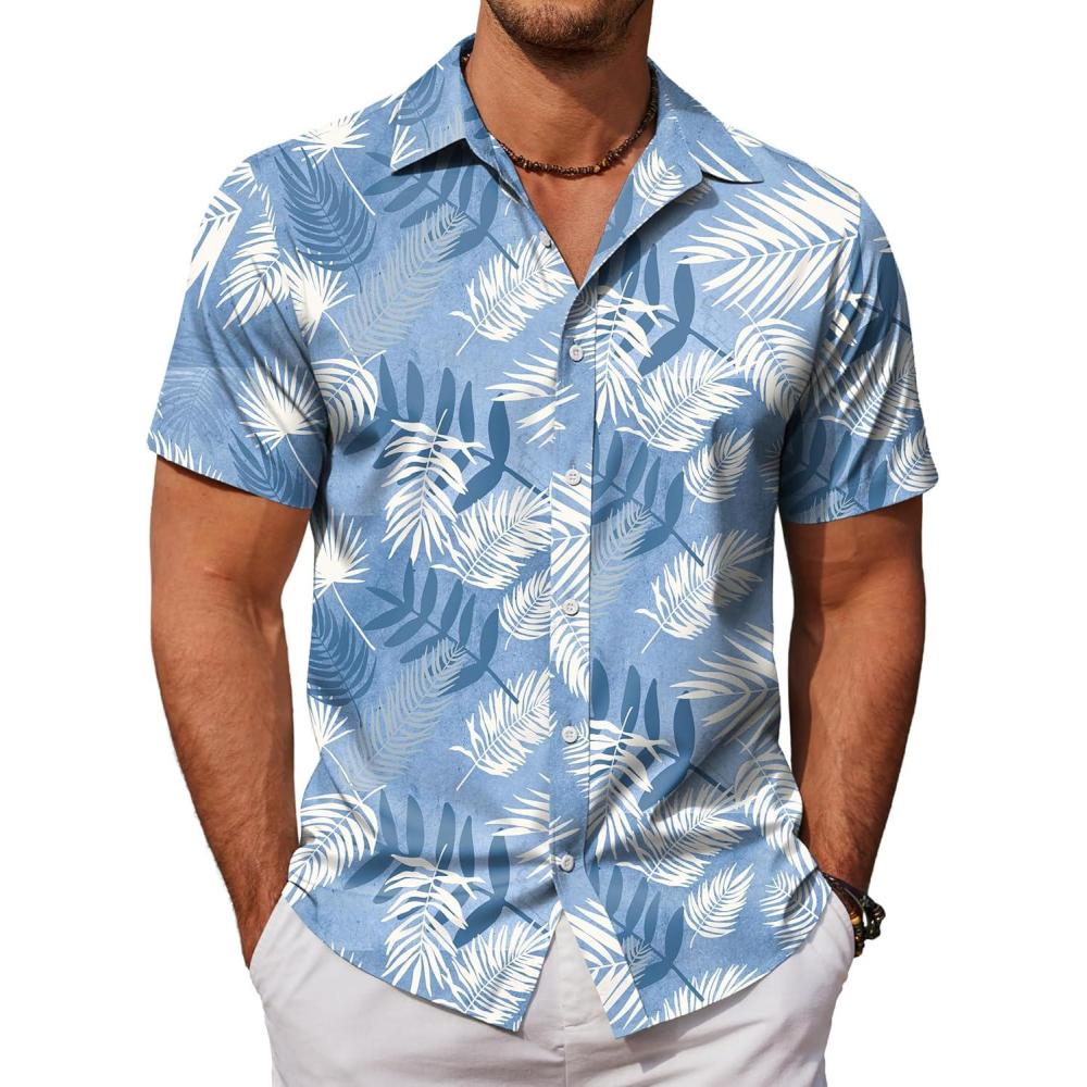 imageCOOFANDY Mens Hawaiian Shirts Short Sleeve Button Down Aloha Shirt Casual Beach ClothesLight Blue Palm Leaves