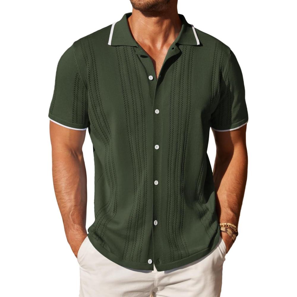 imageCOOFANDY Mens Knit Button Down Shirt Vintage Short Sleeve Polo Shirts Casual Beach TopsArmy Green
