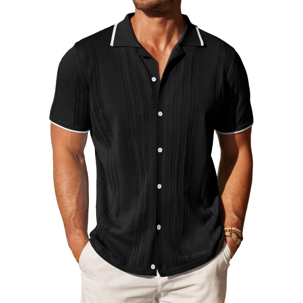imageCOOFANDY Mens Knit Button Down Shirt Vintage Short Sleeve Polo Shirts Casual Beach TopsBlack