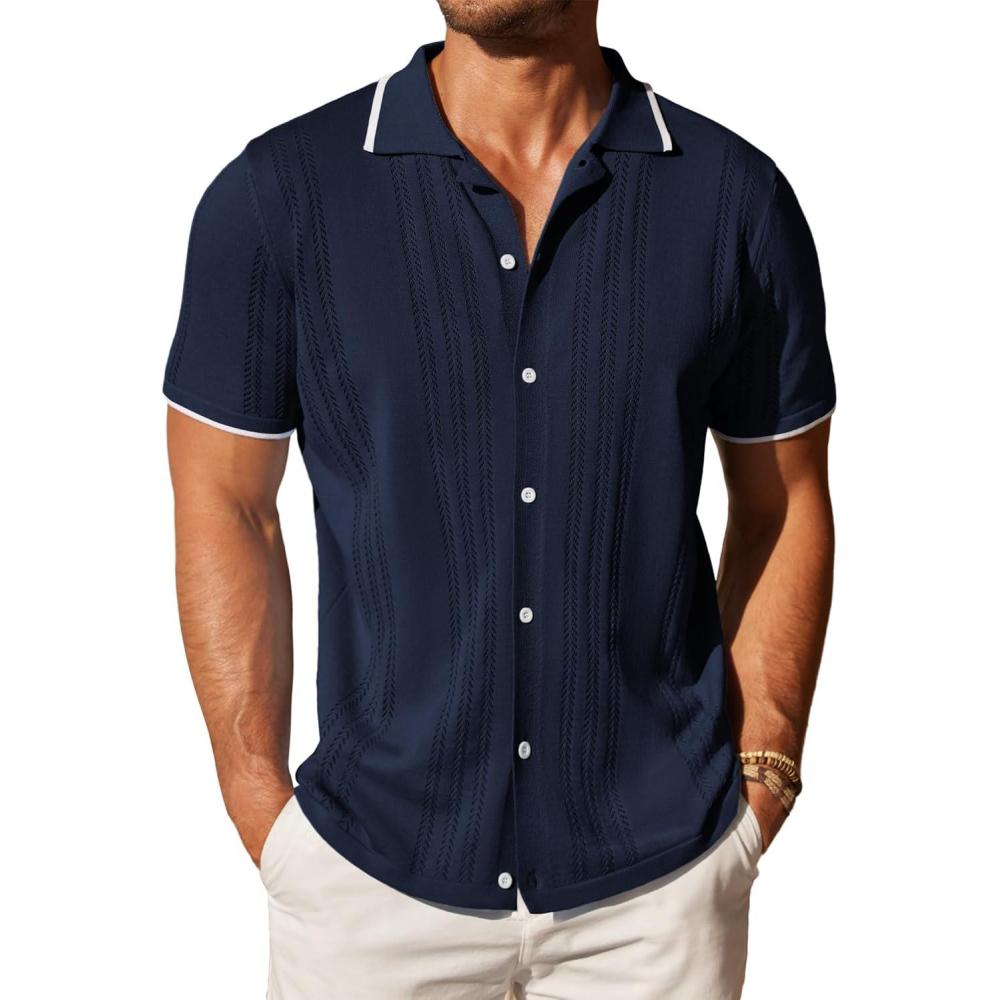 imageCOOFANDY Mens Knit Button Down Shirt Vintage Short Sleeve Polo Shirts Casual Beach TopsBlue