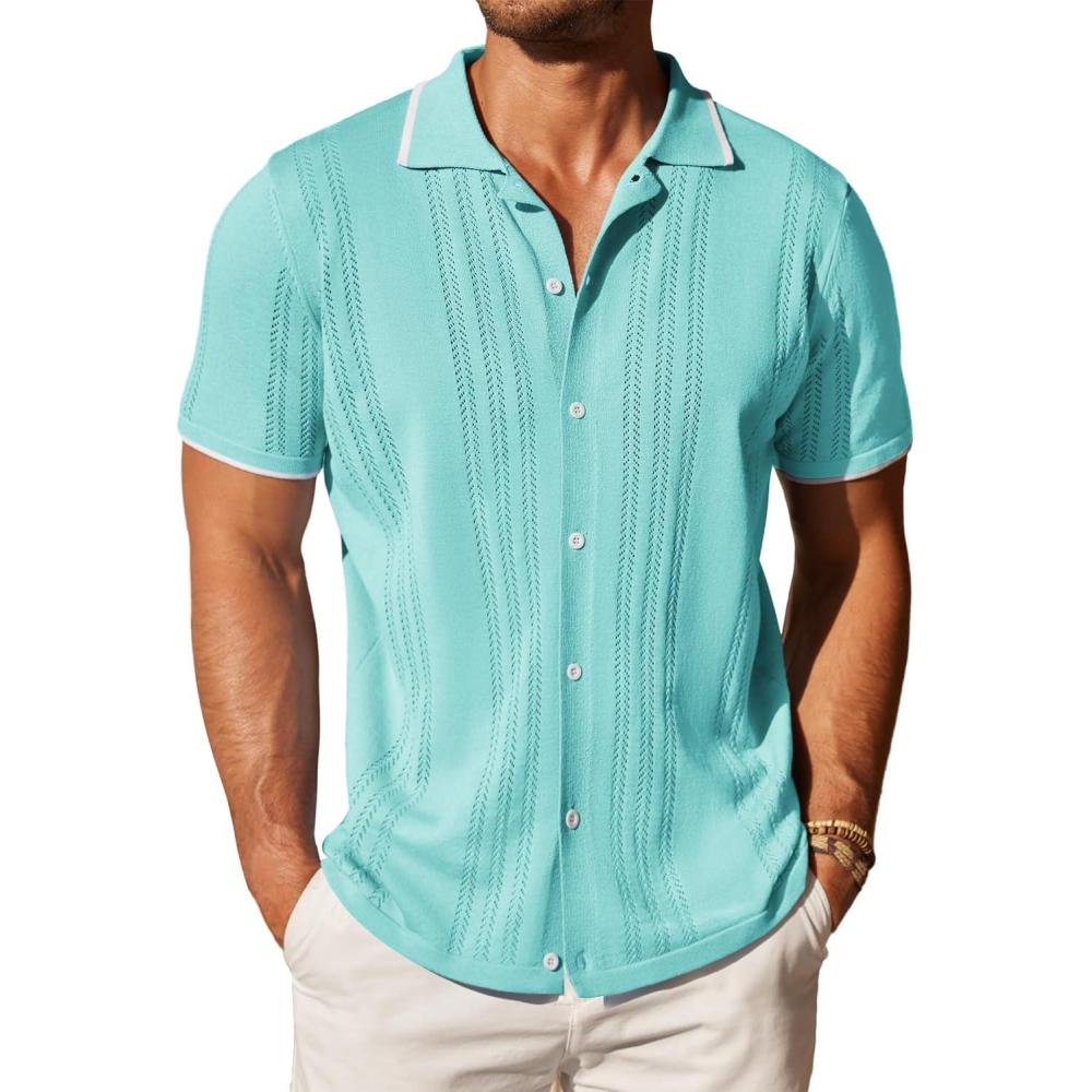 imageCOOFANDY Mens Knit Button Down Shirt Vintage Short Sleeve Polo Shirts Casual Beach TopsCeramic Green