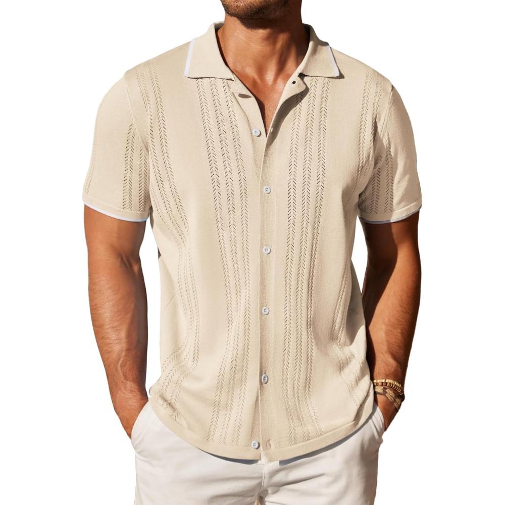 imageCOOFANDY Mens Knit Button Down Shirt Vintage Short Sleeve Polo Shirts Casual Beach TopsCream