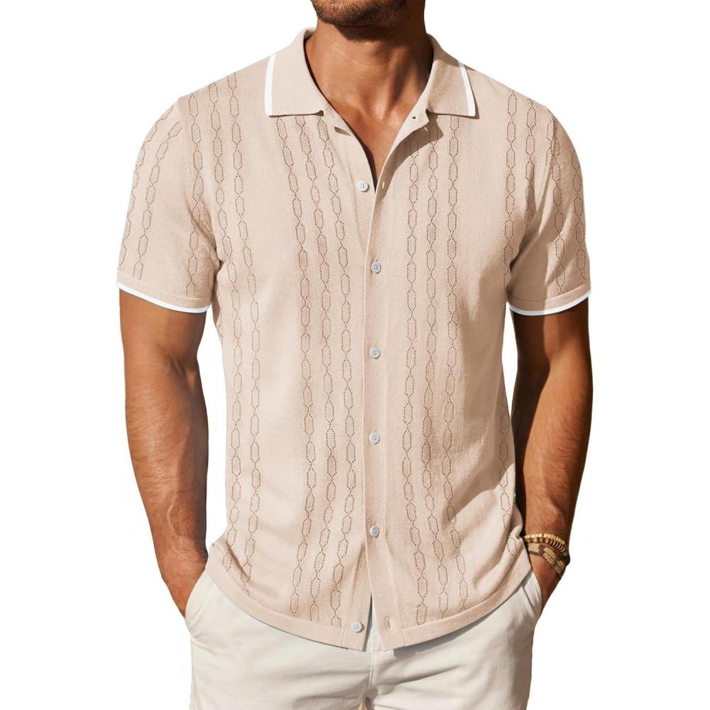imageCOOFANDY Mens Knit Button Down Shirt Vintage Short Sleeve Polo Shirts Casual Beach TopsCream Hexagonal