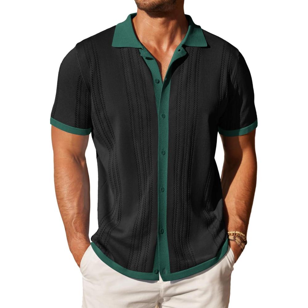 imageCOOFANDY Mens Knit Button Down Shirt Vintage Short Sleeve Polo Shirts Casual Beach TopsGreen Black