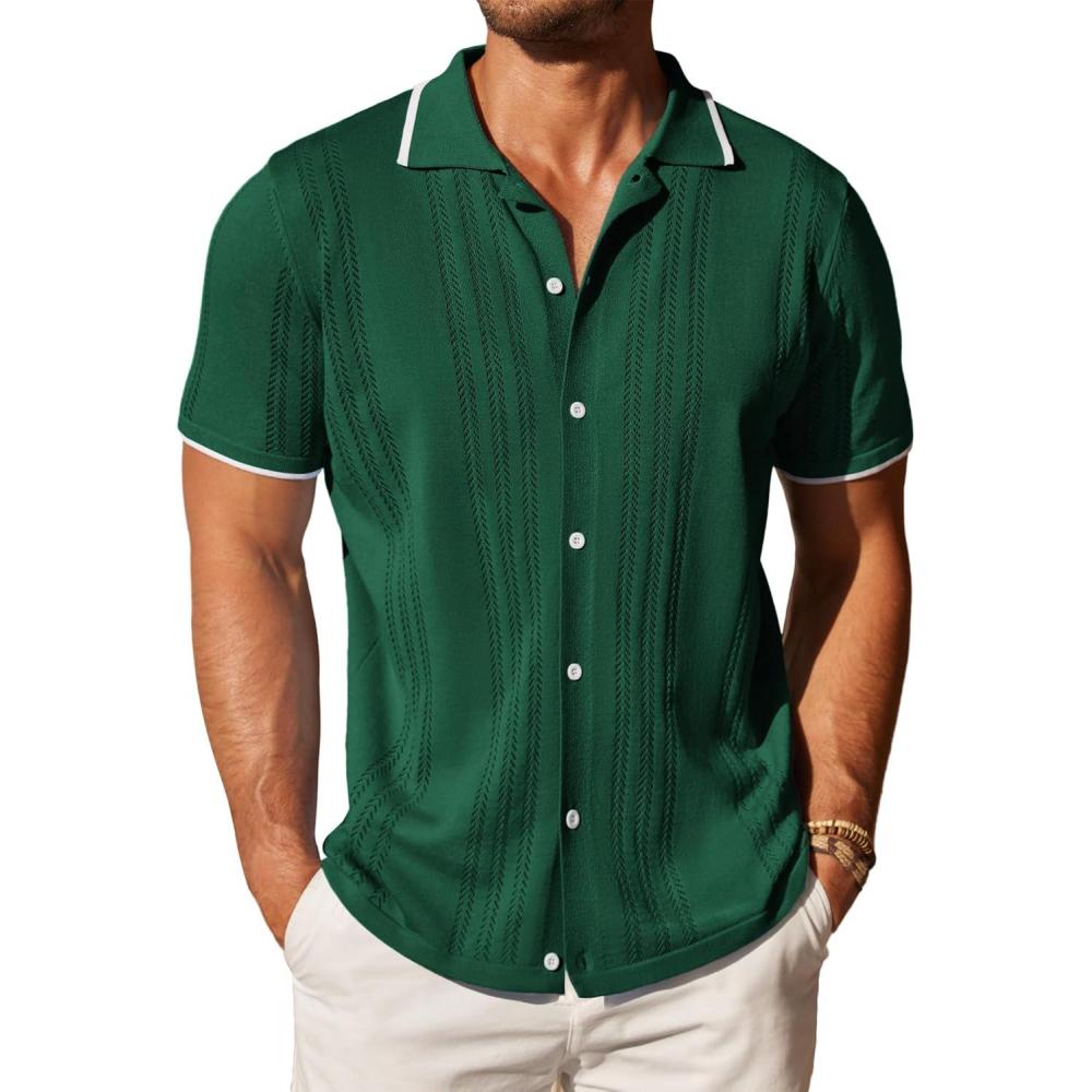 imageCOOFANDY Mens Knit Button Down Shirt Vintage Short Sleeve Polo Shirts Casual Beach TopsGreen