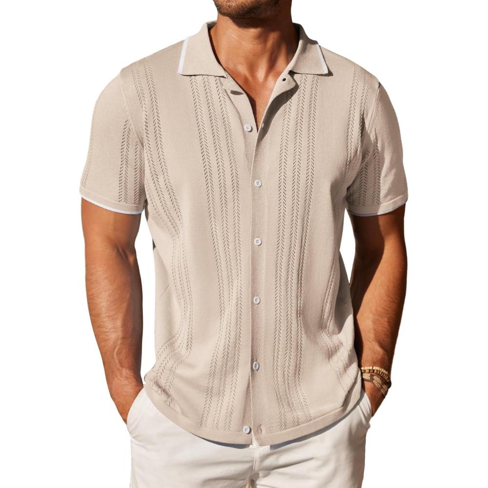 imageCOOFANDY Mens Knit Button Down Shirt Vintage Short Sleeve Polo Shirts Casual Beach TopsKhaki