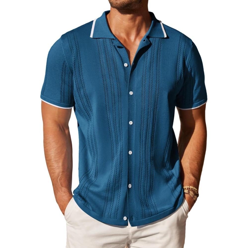 imageCOOFANDY Mens Knit Button Down Shirt Vintage Short Sleeve Polo Shirts Casual Beach TopsLake Blue