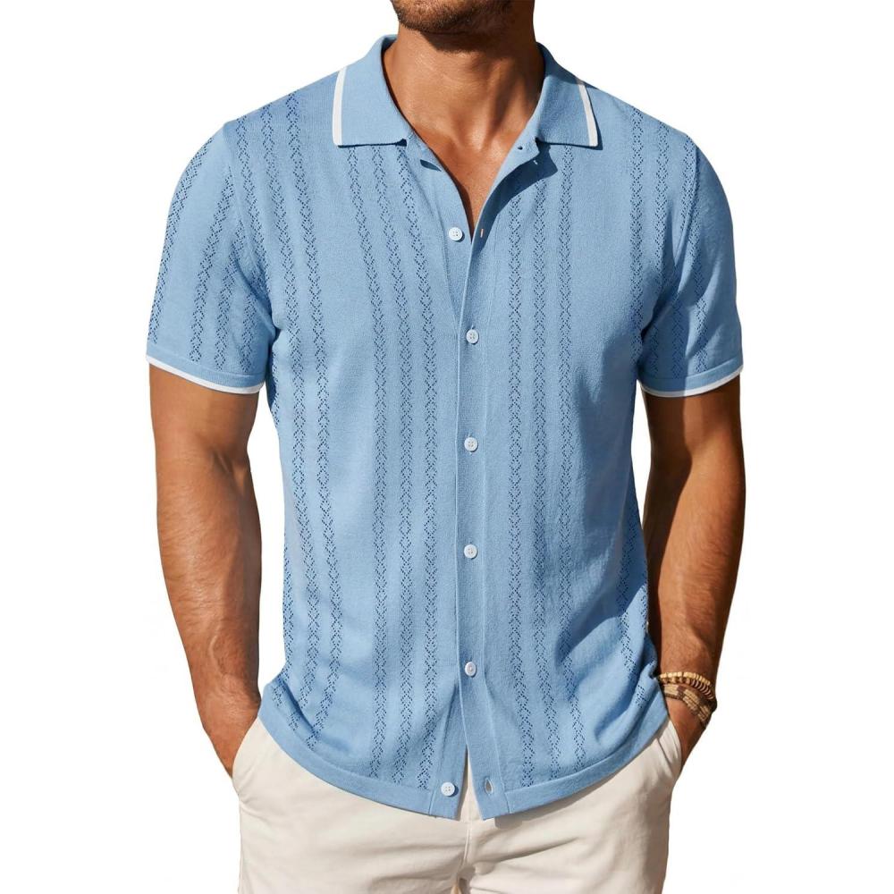 imageCOOFANDY Mens Knit Button Down Shirt Vintage Short Sleeve Polo Shirts Casual Beach TopsLight Blue Argyle