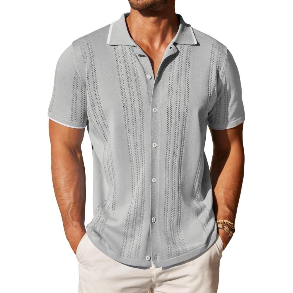 imageCOOFANDY Mens Knit Button Down Shirt Vintage Short Sleeve Polo Shirts Casual Beach TopsLight Gray