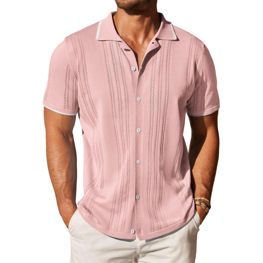 imageCOOFANDY Mens Knit Button Down Shirt Vintage Short Sleeve Polo Shirts Casual Beach TopsLight Pink