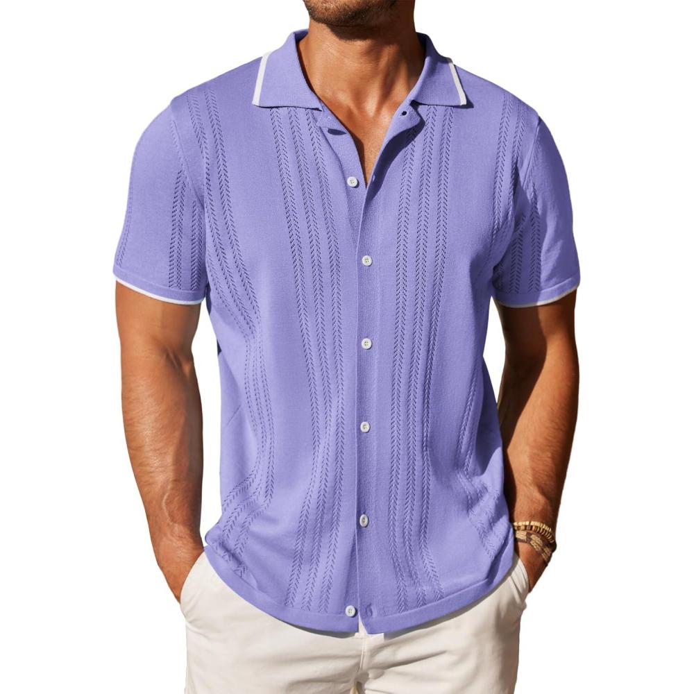 imageCOOFANDY Mens Knit Button Down Shirt Vintage Short Sleeve Polo Shirts Casual Beach TopsLight Purple