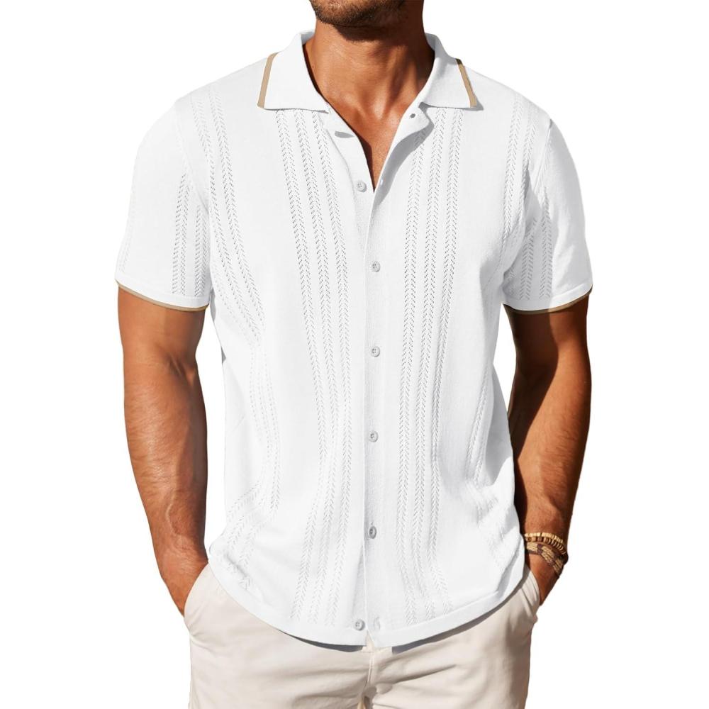 imageCOOFANDY Mens Knit Button Down Shirt Vintage Short Sleeve Polo Shirts Casual Beach TopsWhite