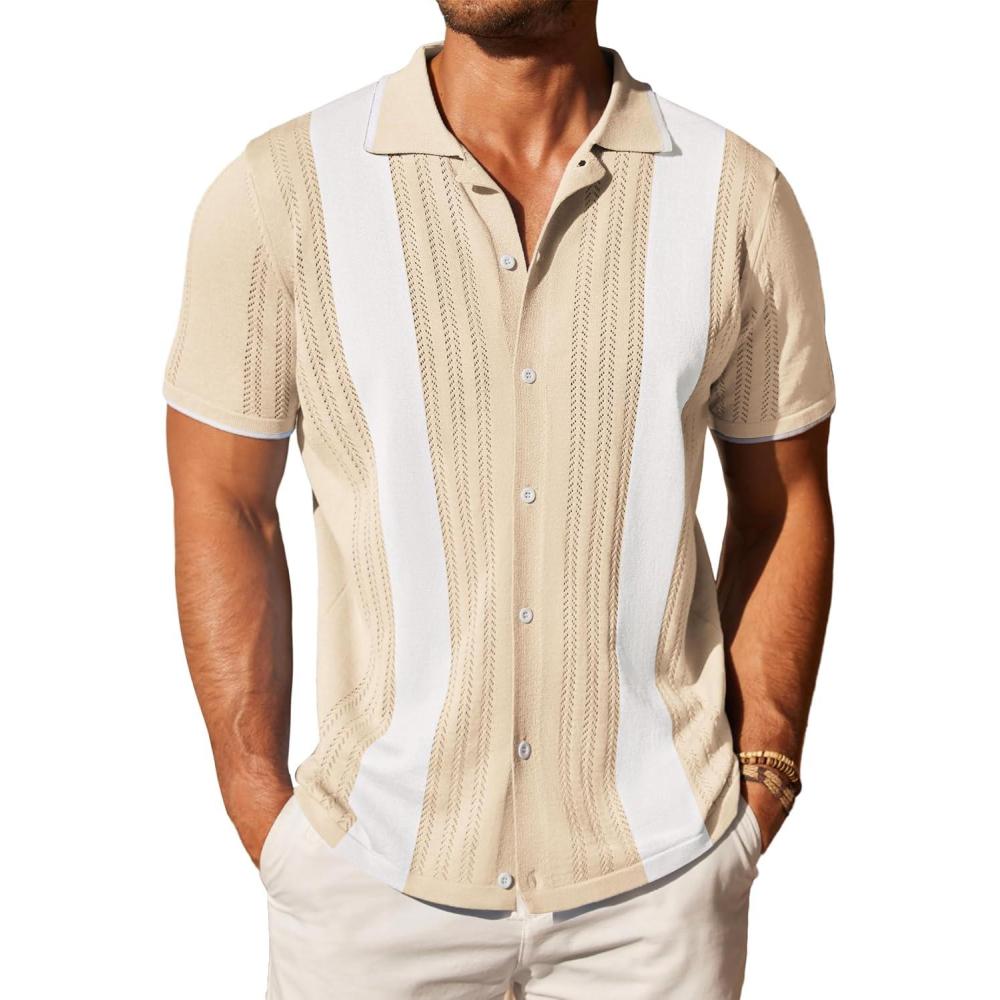 imageCOOFANDY Mens Knit Button Down Shirt Vintage Short Sleeve Polo Shirts Casual Beach TopsZ Stripe Khaki White