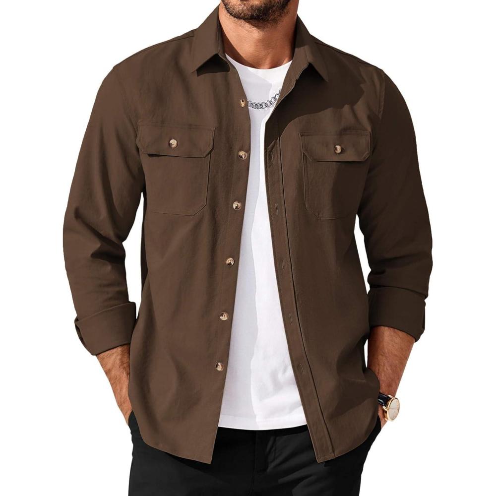 imageCOOFANDY Mens Long Sleeve Button Up Shirt Jacket with Flap PocketsBrown